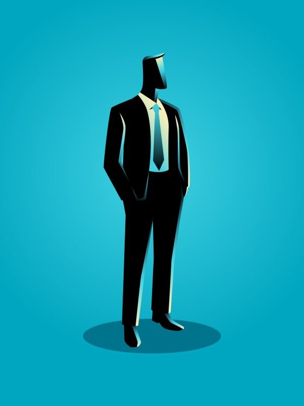 Business illustration of a businessman in formal suit standing with his hands in his pocket