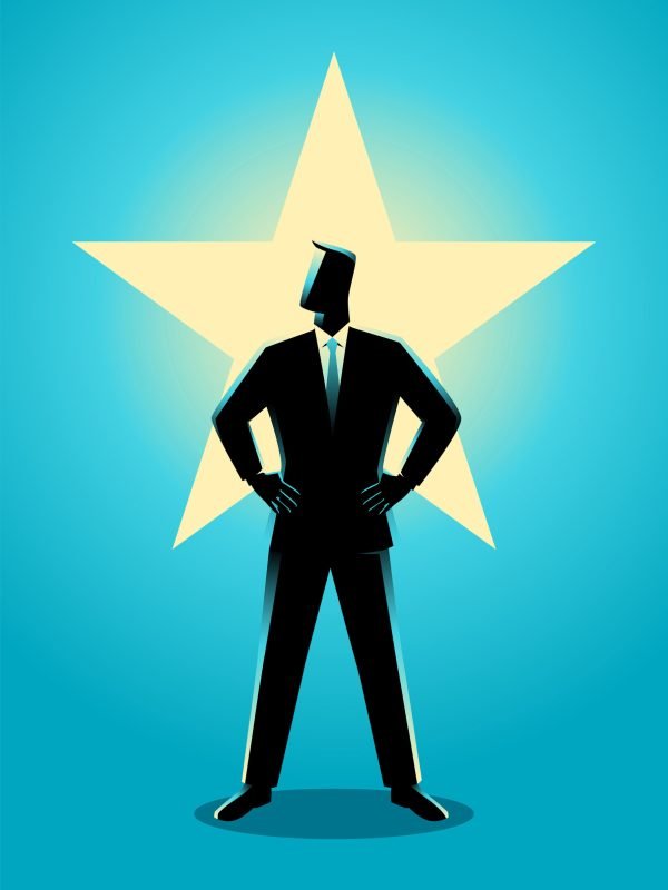Business vector illustration of a businessman standing with glowing star on his background
